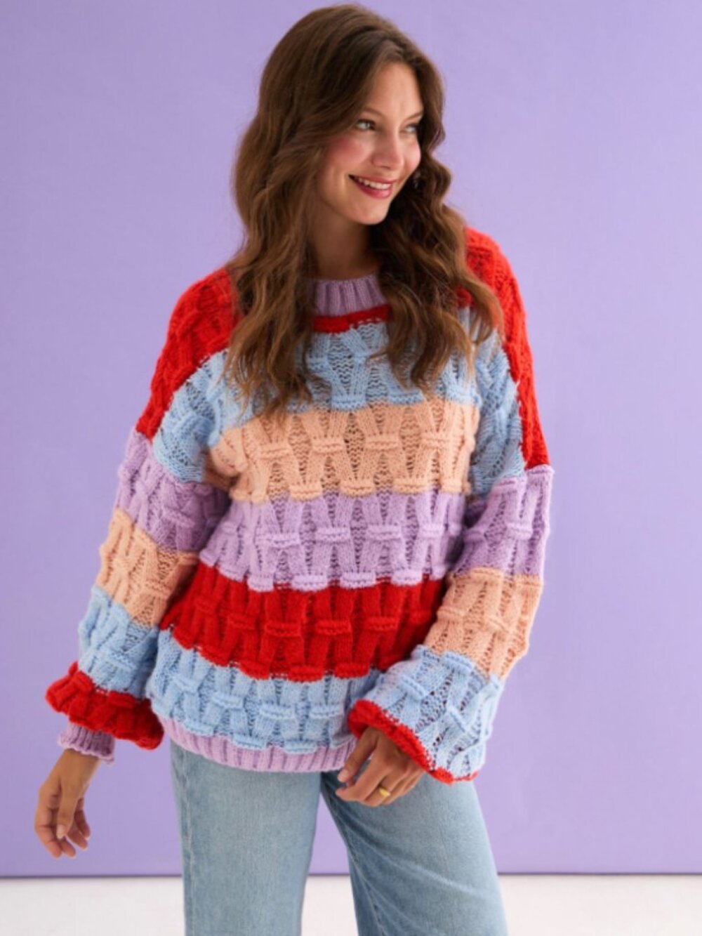 Cara & The Sky Criss-Cross Stitch Balloon Sleeve Stripe Jumper Red/Purple Large